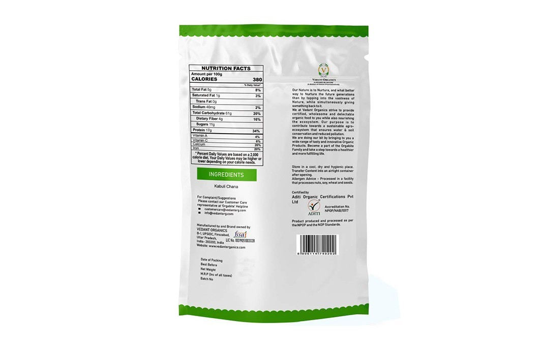 Orgabite Organic Kabuli Chana    Pack  1 kilogram